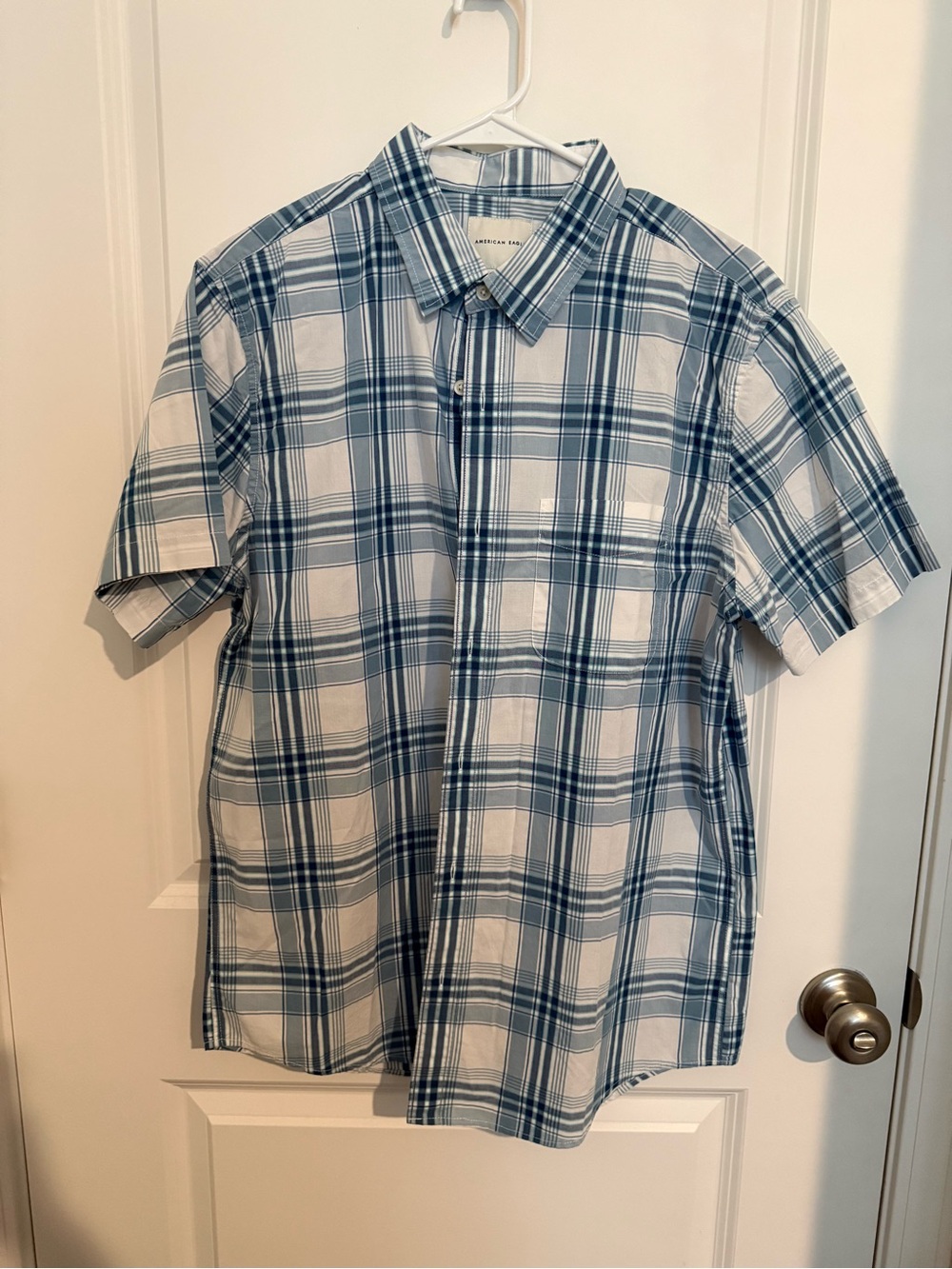 American Eagle Outfitters Mens Short-Sleeve Plaid Button-Down Shirt - Blue/White